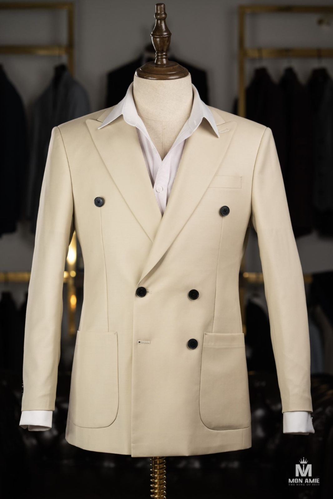 Double Breasted Cream Suit With Patched Pockets 